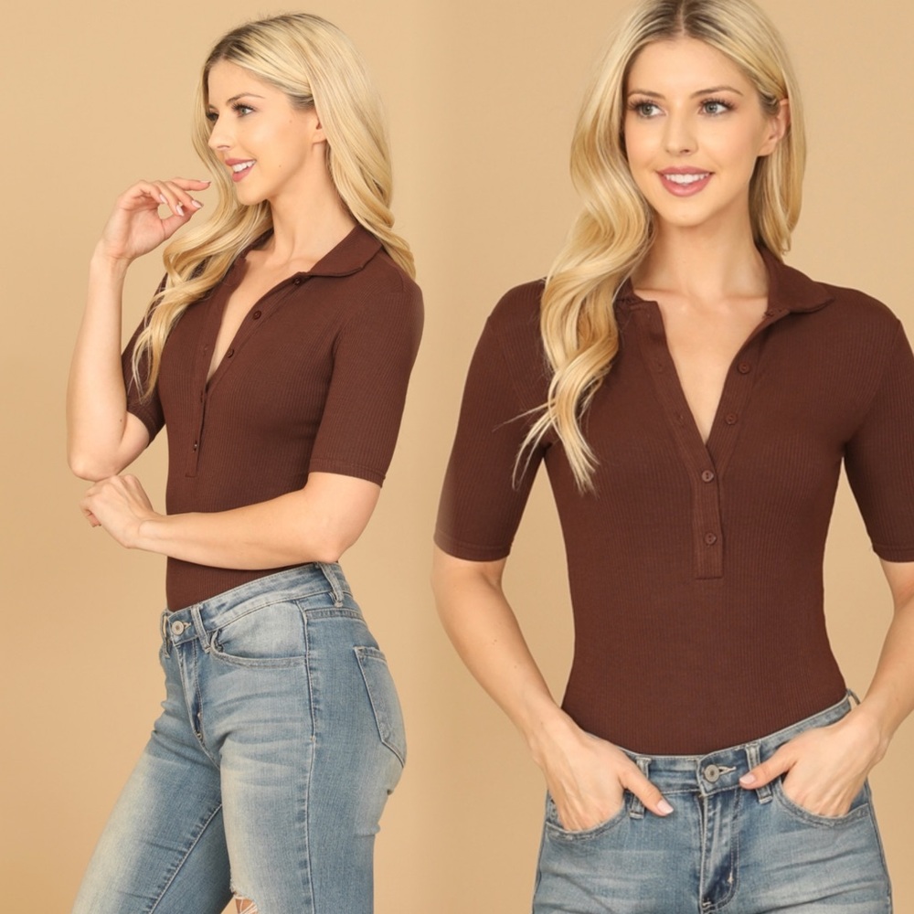 Brown Ribbed Button-Up Bodysuit - Picture 6 of 13